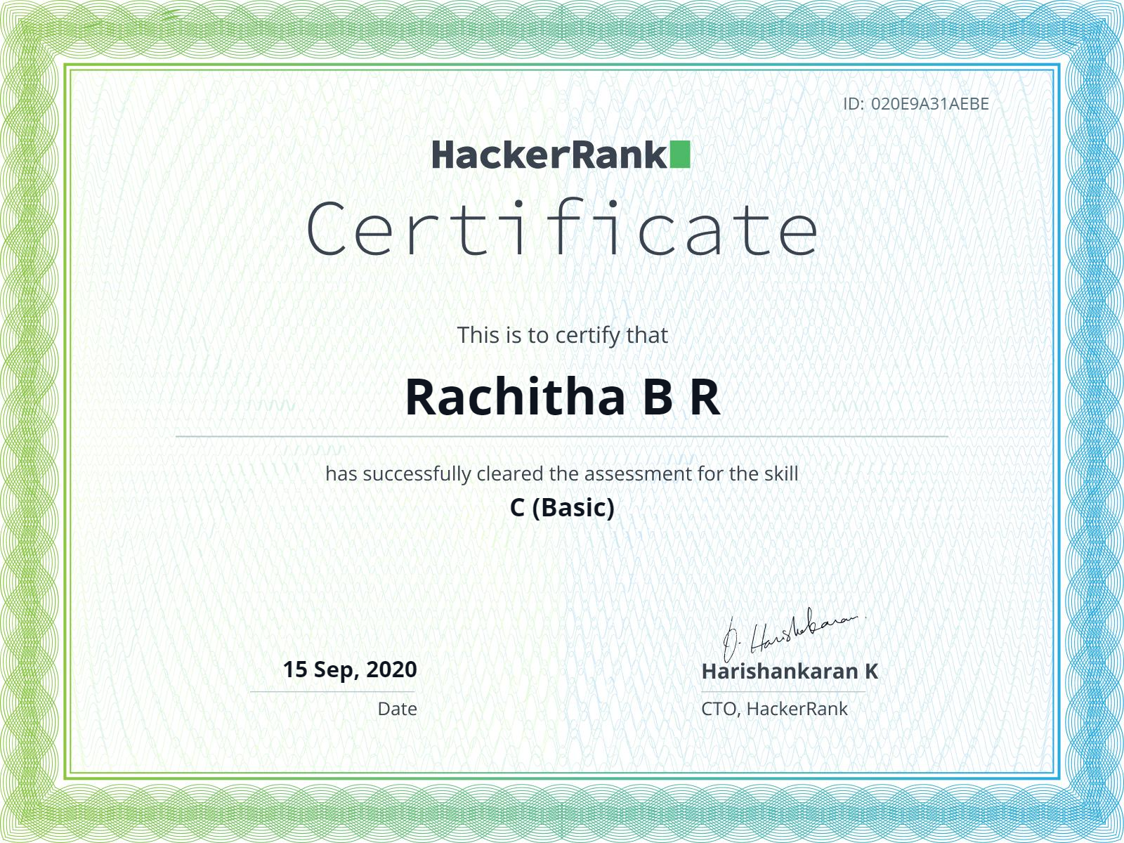 C(Basics) Certification from HackerRank